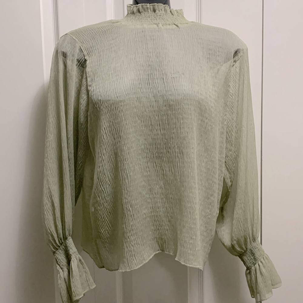 Oak + Fort Pale Green Blouse Crepe Texture Smock & Ruffle Cuffs and Neck Sheer